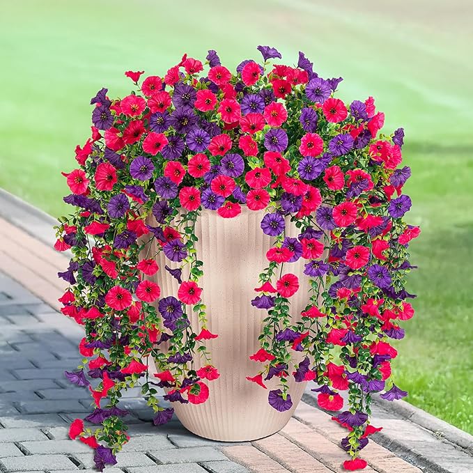 Artificial Hanging Flowers for Outdoor, 2pcs Fake Plants Long Vine Morning Glory Eucalyptus, Spring Summer UV Resistant Realistic Faux Greenery Indoor Outside Patio Porch Garden Decor, Hot Pink Purple