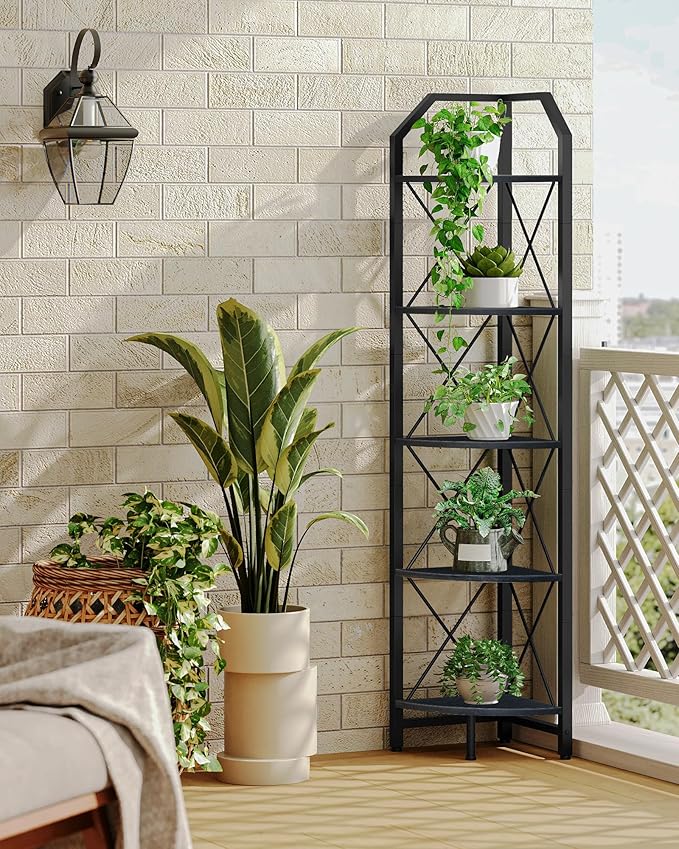 CHOEZON 5-Tier Corner Shelf, Industrial Corner Bookshelf, 59.4" Corner Storage Stand, Plant Stand Display Shelf, Corner Bookcase for Bedroom, Living Room, Home Office, Black TCJ10BB