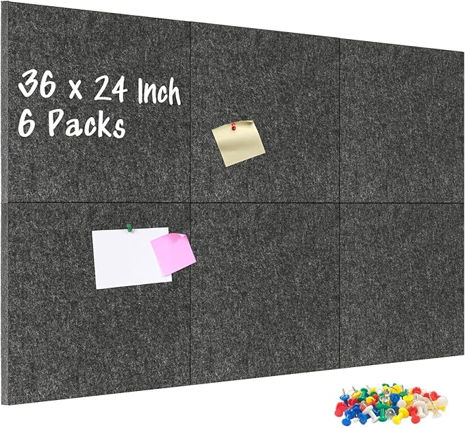 DOLLAR BOSS Felt Cork Board Tiles, 6 Packs 12" x 12" 1/2" Thick Cork Bulletin Board Self Adhesive Corkboards for Walls with 60 Pushpins for Home Office Kitchen School Decor Display, Grey