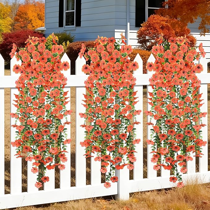 Artificial Hanging Flowers for Outdoors,2 Bundles Silk Fake Fall Flowers for Outside, Realistic Faux Plants for Hanging Baskets, Planters-Porch, Patio, Yard Decor(Orange)