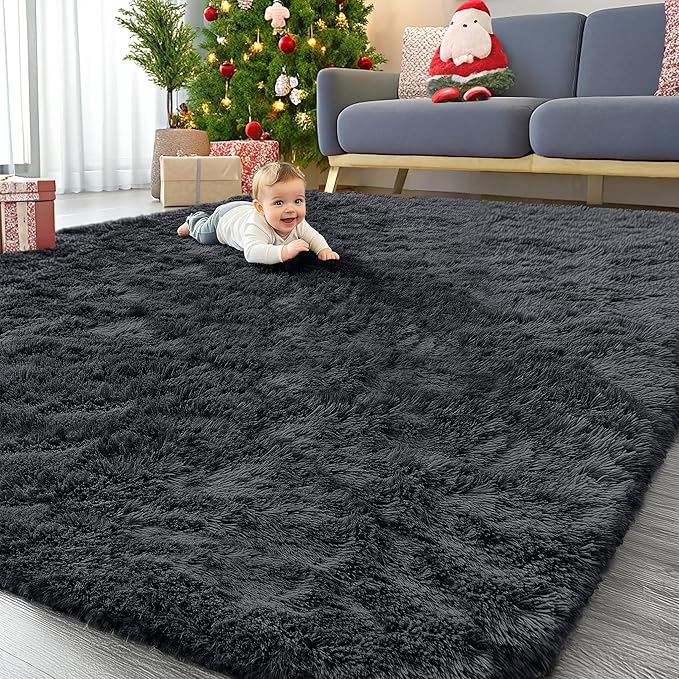 OLANLY 8x11 Machine Washable Large Area Rugs for Living Room, Bedroom, Soft Fluffy Shaggy Bedside Rug, Indoor Floor Carpet for Kids Girls and Boys, Dorms, Nursery, Home Decor Aesthetic, Black