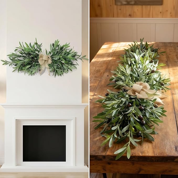 26" Farmhouse Olive Leaf Greenery Swag with Premium Burlap Bow, Realistic Faux Olive Branch Door Decor for Front Door, Wall, Mantel, Table, Kitchen, Bathroom, Weddings & Seasonal Styling, Green 2Pcs