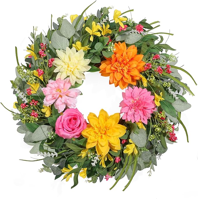 Summer Wreaths for Front Door 24 Inch, Artificial Spring Wreath with Dahlia and Peony for All Season Home Decor Easter Indoor Outdoor Wall Home Festival Celebrations