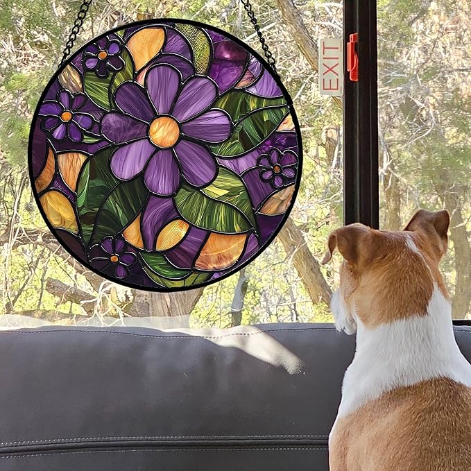 Stained Glass Window Hanging, Purple Green Flowers Sun Catcher for Door Home Decor Plants Suncatcher Christmas Mother's Day Birthday Gifts for Women Men Mom and Nana 6.3 in