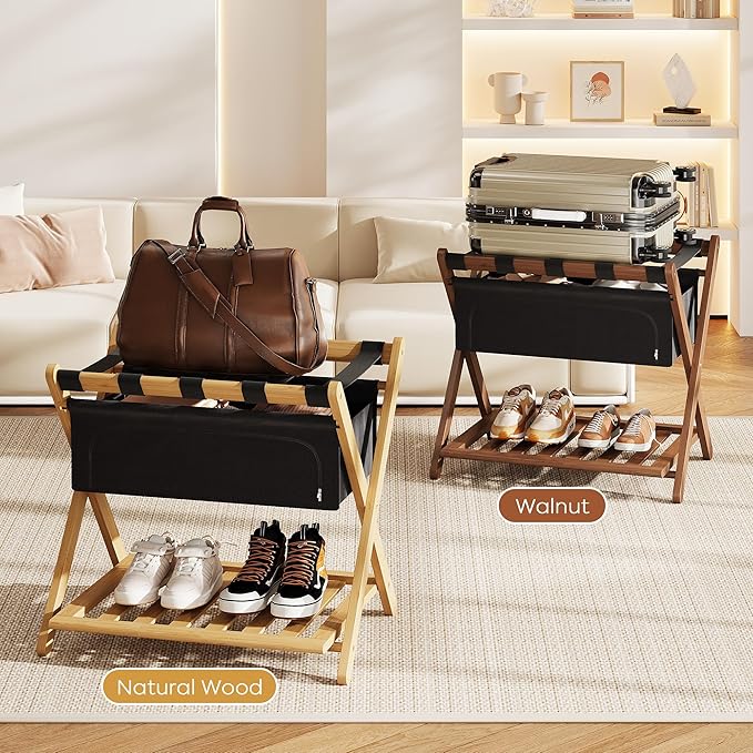 Full Assembled 26.77"L Luggage Rack for Guest Room, Set of 2 Foldable Suitcase Stand with 5 Nylon Straps & Cloth Bag, Luggage Stand Holder with Shoe Shelf for Suitcases Hotel (Natural Wood Bamboo)