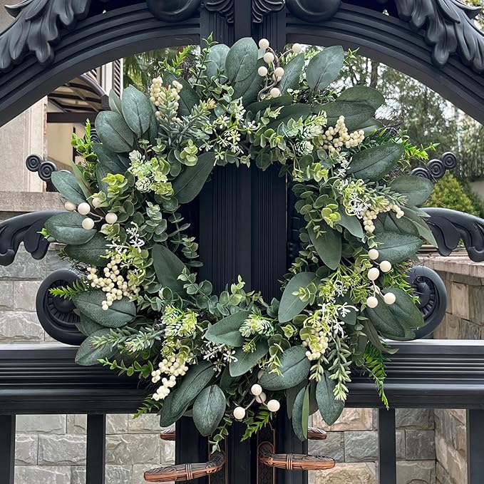 24 Inch Greenery Wreaths for Front Door – Artificial Eucalyptus Wreath with White Berries and Mixed Green Leaves, Year-Round Farmhouse Indoor Outdoor Door Wreath for Spring Summer Home Decor