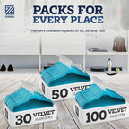 ZOBER Turquoise Velvet Hangers 50 Pack - Clothes Hangers, Coat Hanger for Pants & Dress Clothes - Non Slip w/ 360 Degree Swivel, Holds up to 10 lbs - Strong Felt Hanger for Clothing