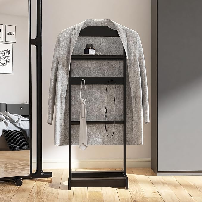 Mens Valet Stand, Wooden Clothes Valet Stand with Tray, Freestanding Suit Rack for Bedroom, Entryway, Living room, Office