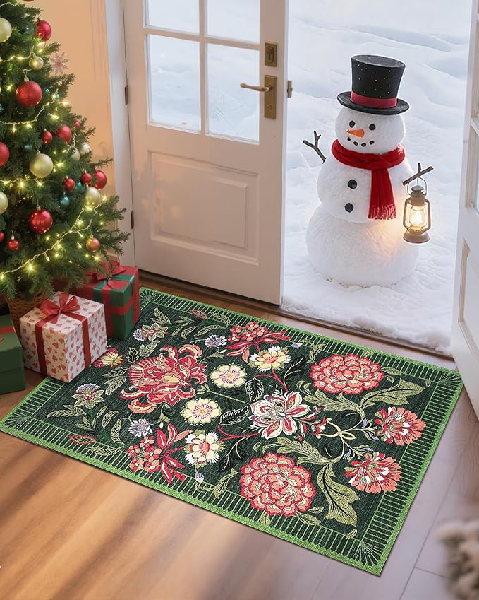 GarveeHome Forest Green Floral 2x3 Door Mat Indoor Rugs for Entryway Small Vintage Boho Cottage Washable Non-Slip Low-Pile Rug for Bedroom Kitchen Bathroom Entrance