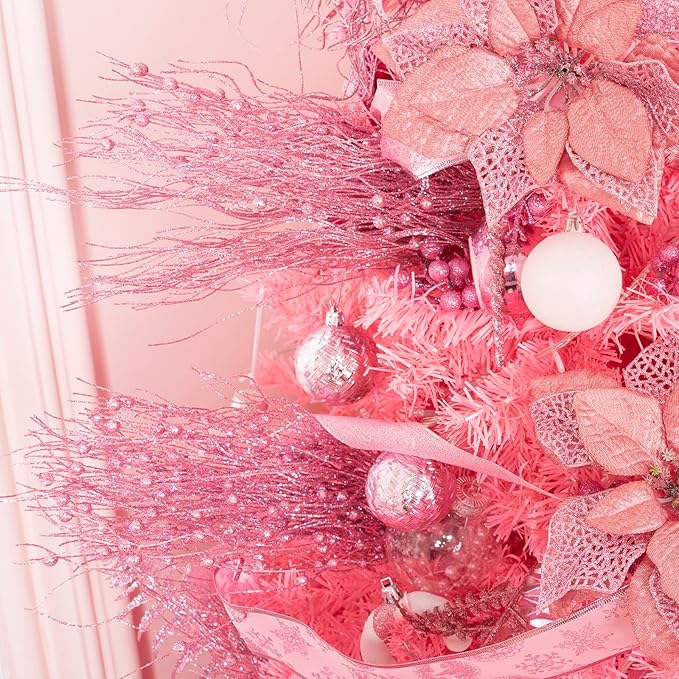 SLK 16-Pack Artificial Glitter Berry Stem Ornaments, Christmas Decorative Glittery Twigs, Picks, Branches for Tree, Wreath, Small Vase, Halloween Party (Pink)