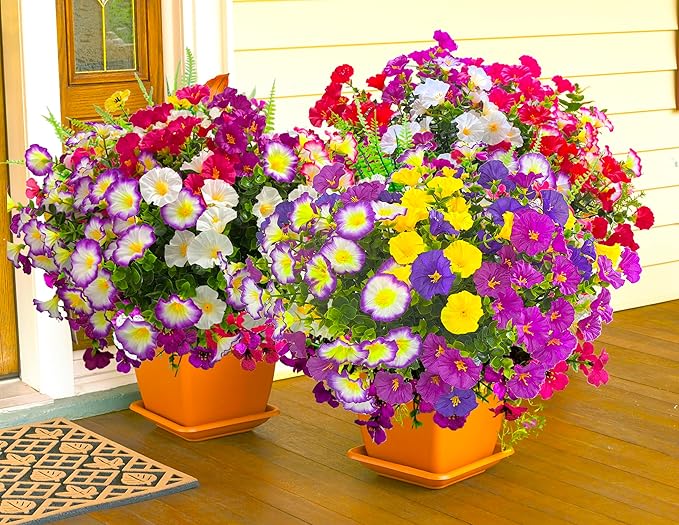Artificial Faux Flowers for Outdoors, 12 Bundles Artificial Plants Outdoor UV Resistant, Fake Morning Glory Silk Flowers for Outside Planter Porch Patio Yard