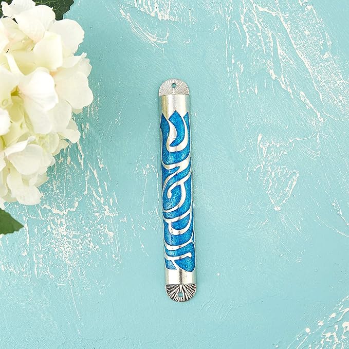 Matashi Hand Painted Blue Enamel 6 inch Mezuzah Embellished with Hebrew Shin Home Door Wall Decor Home Décor Jewish Holiday Housewarming Present House Blessing Gift for Holiday Festival