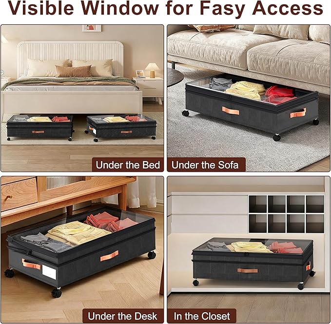 Under Bed Storage with Wheels - 2Pack 70L UnderBed Storage Containers with Clear Lid & Label, Rolling Under Bed Storage Bins for Clothes, Shoes, Blankets (XXL,Black)