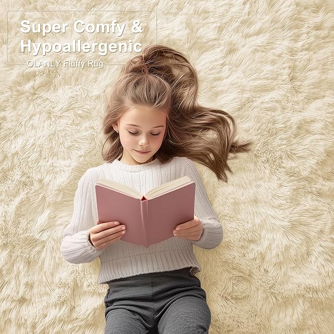 OLANLY 6x9 Machine Washable Large Area Rugs for Living Room, Bedroom, Soft Fluffy Shaggy Bedside Rug, Indoor Floor Carpet for Kids Girls and Boys, Dorms, Nursery, Home Decor Aesthetic, Cream