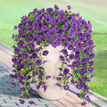Artificial Hanging Petunias Flowers for Outdoor, 2pcs Fake Plants Long Vine Morning Glory Eucalyptus, UV Resistant Realistic Faux Greenery Outside Patio Porch Garden Spring Summer Decor, Dark Purple