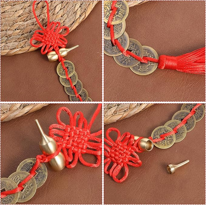 2PCS Chinese Knot Tassel, Feng Shui Good Luck Charms, Metal Gourd with 5 Coins Good Luck Gifts, Bring Wealth, Health and Peaceful for Cars, Furniture, Bags, Homes, and Offices