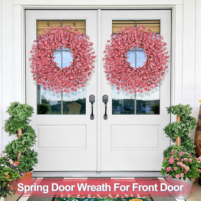 26 Inch Spring Wreaths for Front Door Large Easter Valentines Forsythia Floral Summer Spring Door Wreaths Outdoor All Season Spring Decorations for Home Porch Room Window Wall Farmhouse Decor(Pink-1)