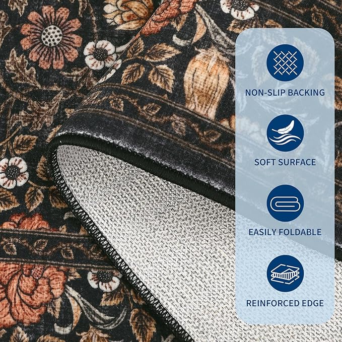GarveeHome Brown Vintage Floral Washable 8x10 Area Rugs for Living Room Black Boho Botanical Retro Rug Low Pile Stain Resistance Non Slip Carpet for Bedroom Nursery Dining Room