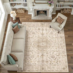 8x10 Beige Area Rug Washable Living Room Vintage Carpet Bedroom Distressed Large Non Slip Low Pile Thin Dining Room Office Medallion Accent Throw Rug