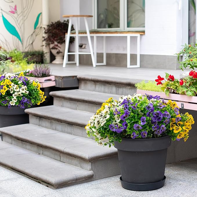 12 Bundles Artificial Fake Pansy Flowers for Outdoor - Yellow, White & Purple Faux Pansies Flowers, Fake Flowers for Outdoor Planters, Porch, Garden, Window Boxes, and Home Decoration