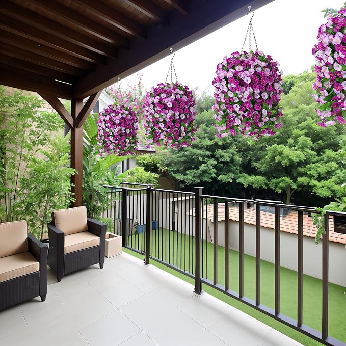 Artificial Flowers with Hanging Basket, Outdoor Faux Plants Silk Morning Glory Vines, Fake Green Arrangement for Garden Patio Spring Summer Decor(Darkorchid)