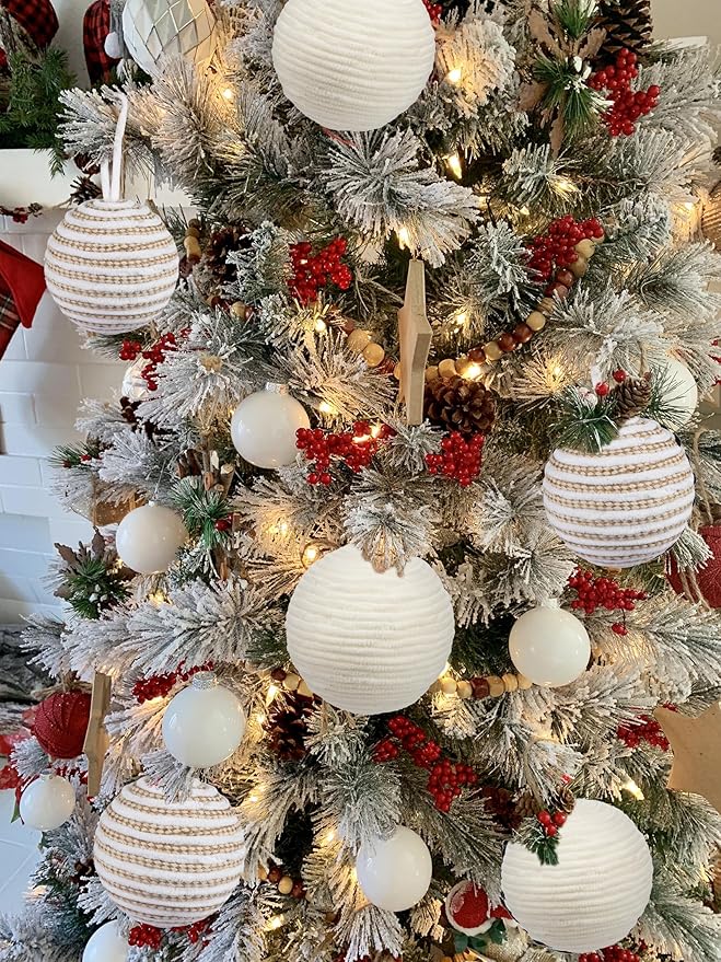 Briful 3.94'' Christmas Balls Ornament Set, 6PCS Large White and Tan Rope Decorative Yarn Balls Xmas Tree Hanging Ornaments with Strings for Xmas Home Decor