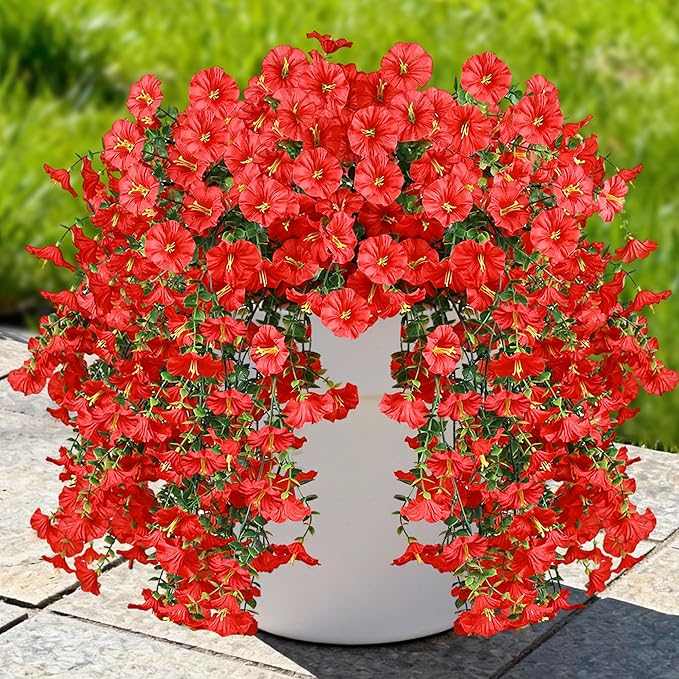 Artificial Hanging Flowers for Outdoors, 4 PCS UV Resistant Faux Plants Silk Realistic 150 Morning Glory Each Vines, Fake Plastic Floral for Garden Patio Spring Summer Decor, Red