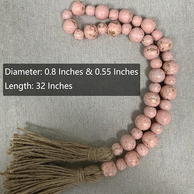 Handcrafted Farmhouse Wooden Decorative Beads Garland, Table Tray Boho Wood Beads with Tassel, Small Rustic Antique Decor for Home and Events (Rose Dawn Gold)