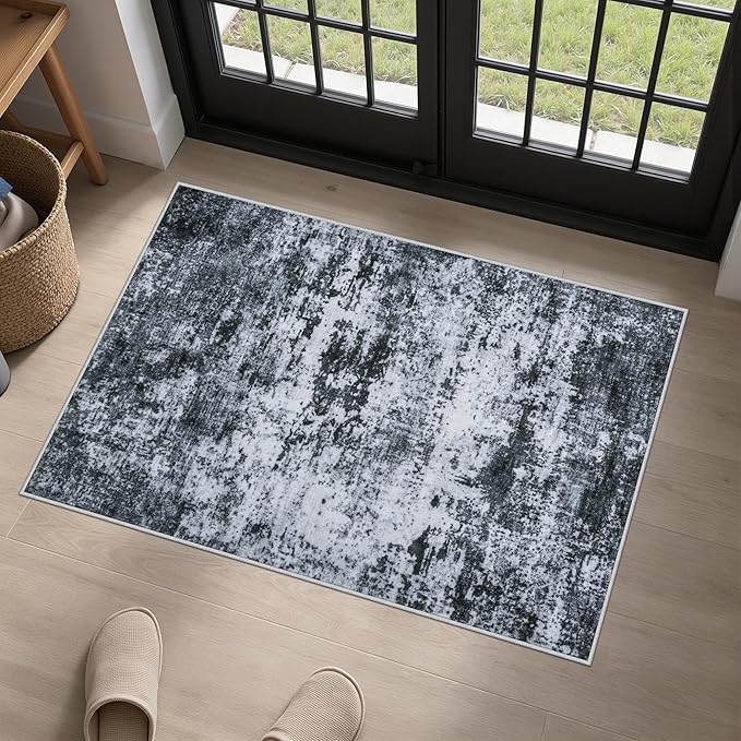 Washable Area Rug 2x3 Entryway Rug: Washable Modern Abstract Soft Thin Rug Indoor Floor No Slip Stain Resistant Carpet for Bedroom Dining Room Farmhouse Nursery Home Office - Black