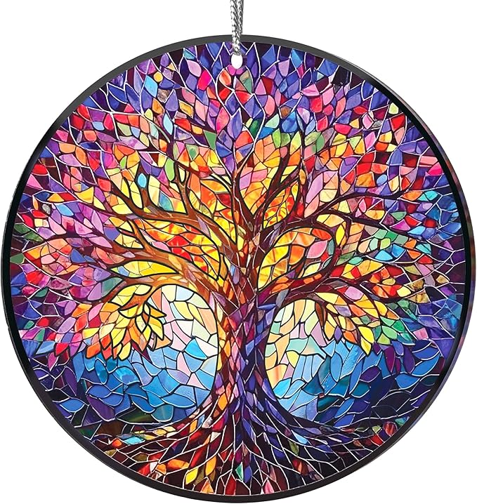2025 Christmas Ornaments, Christmas Tree Ornaments Acrylic, Faux Stained Glass Effect White Elephant Gifts Exchange, Unique Suncatcher Xmas Stocking Stuffers for Women, Men (Tree of Life)
