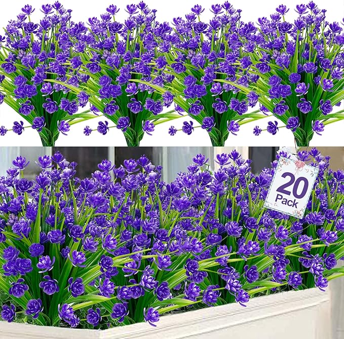 TURNMEON 20 Bundles Artificial Flowers for Outdoors Fake Plants Spring Decor, UV Resistant Artificial Plants Cemetery Flowers Faux Plastic Greenery Shrubs for Home Porch Summer Decor 500 Heads(Purple)