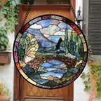 Stained Glass Window Hanging, Blue Landscape Arch Bridge Sun Catcher for Door Home Decor Suncatcher Christmas Mother's Day Birthday Gifts for Women Men Mom and Nana 9.8 in