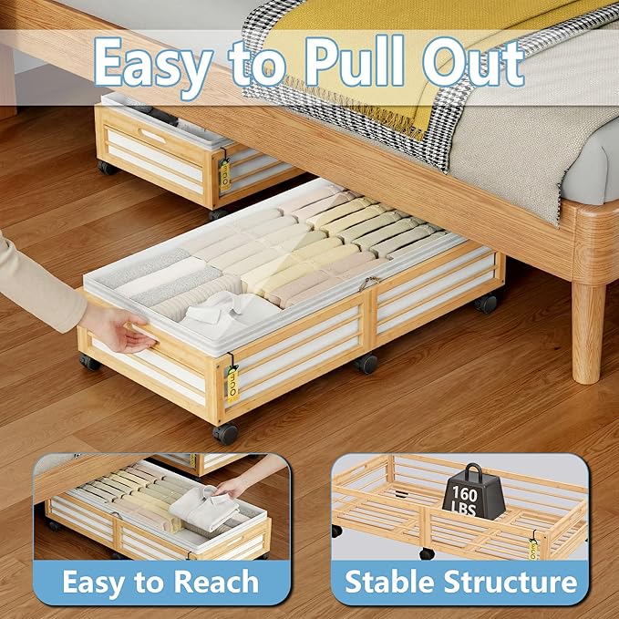Under Bed Storage Containers with Wheels, Larger Bamboo Wood Under Furniture Storage Containers with Dust Bags，Rolling for Shoes Clothes