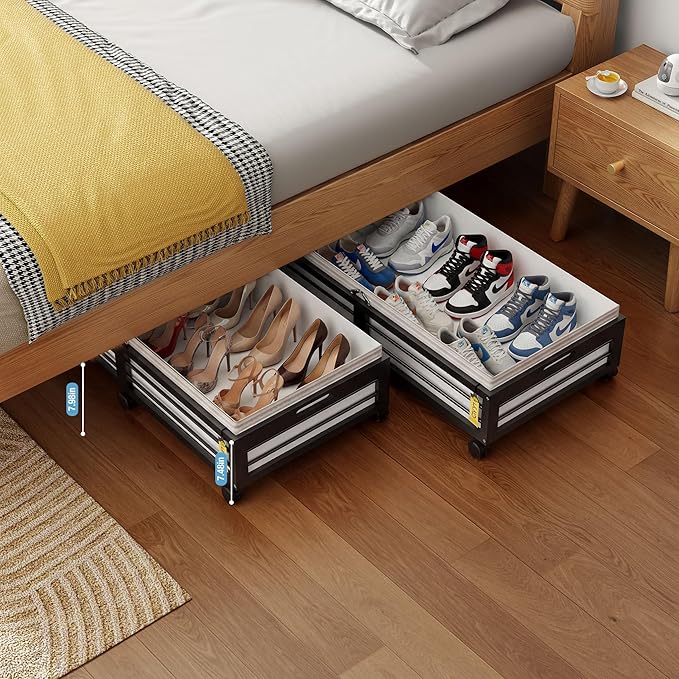 Under Bed Storage Containers with Wheels, Larger Bamboo Wood Under Furniture Storage Containers with Dust Bags，Rolling for Shoes Clothes