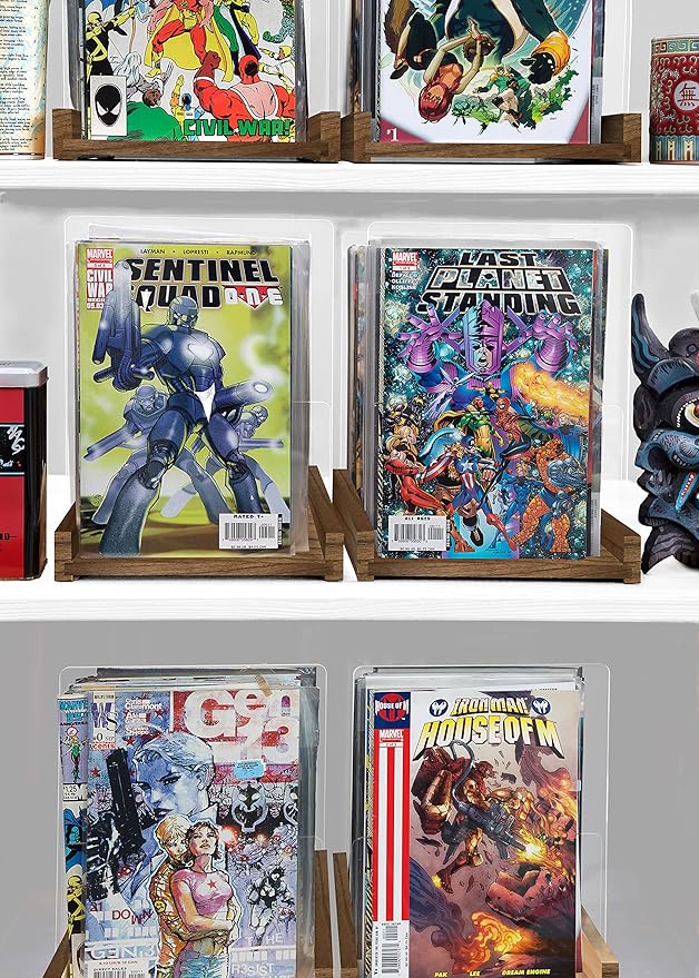 Patented Comic Book Storage Holder – Wooden & Acrylic Display Box/Case for Collectors – Organizer for Comics, Magazines & Books – Holds 150 Issues, 14.5x8 in (Dark Walnut)