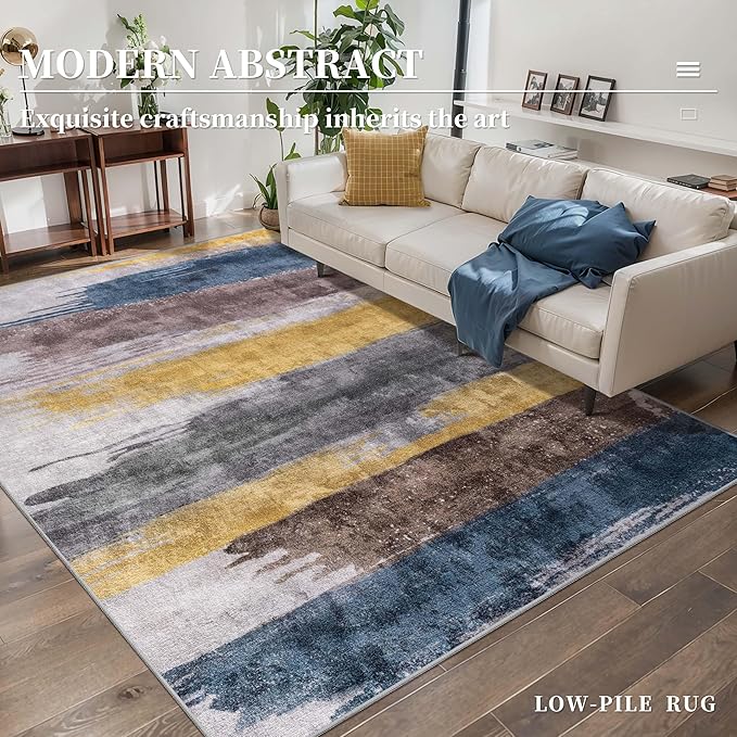 Ciicool Abstract Area Rug Indoor, 3x5 Washable Entryway Rug, Modern Soft Throw Rug with Non-Slip Backing Ideal for Bedroom Living Room Entrance Kitchen, Low-Pile Floor Carpet Doormat Yellow Blue Grey