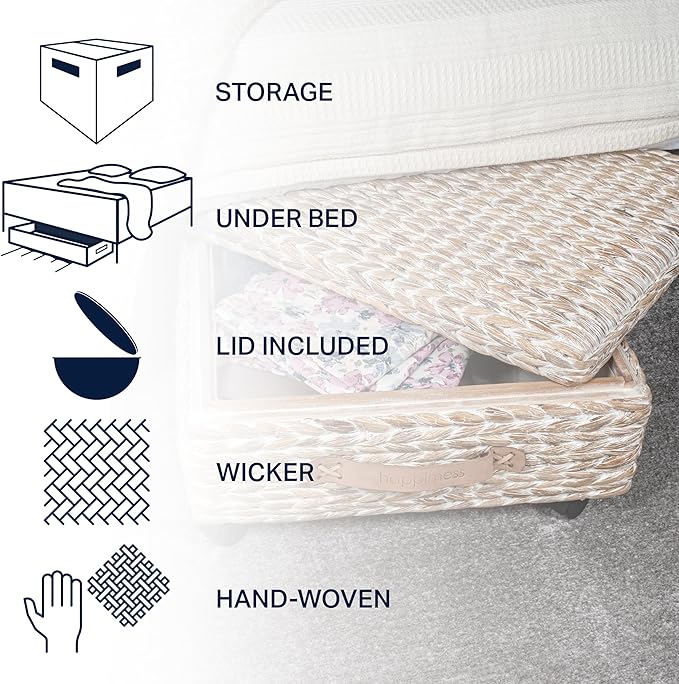 happimess BSK1006C 26.38" Chett Minimalist Hand-Woven Hyacinth/Wood Underbed Storage Bin with Wheels and Handles for Storage and Decoration in Bathroom, Bedroom, Closet,Entryway,Guest Room, White Wash