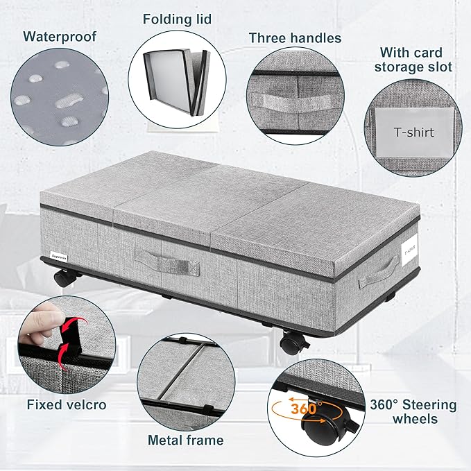 Under Bed Storage with Wheels, Rolling Underbed Storage Containers with Lids, Under Bed Shoe Storage Bins Organizer with Reinforced Metal Bottom Support and Three Handles