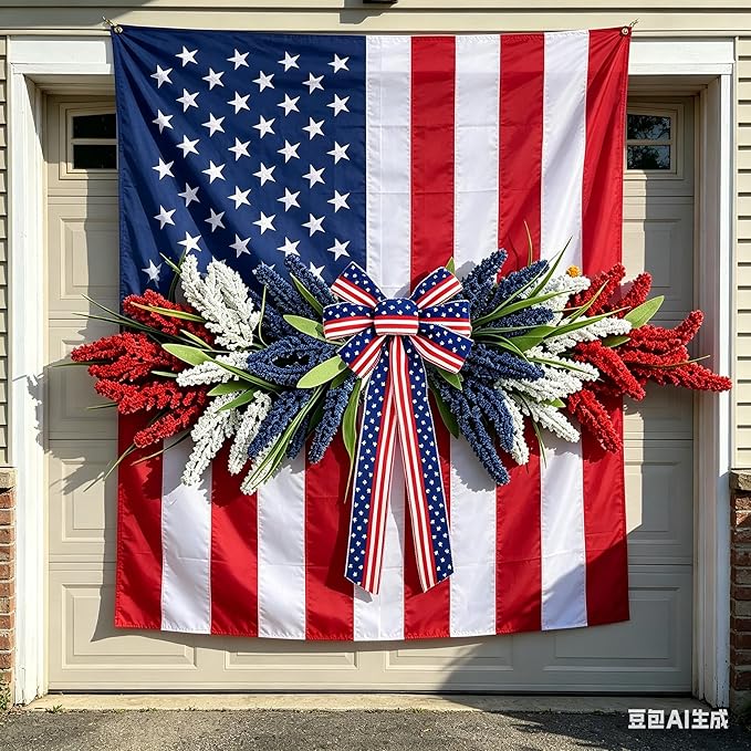 21'' 4th of July Large Swag Wreath for Front Door Red White and Blue Wheat Sheaf Artificial Independence Day Teardrop Swag for Farmhouse Kitchen Cabinet Porch Wall Window Memorial Day Arch Decoration