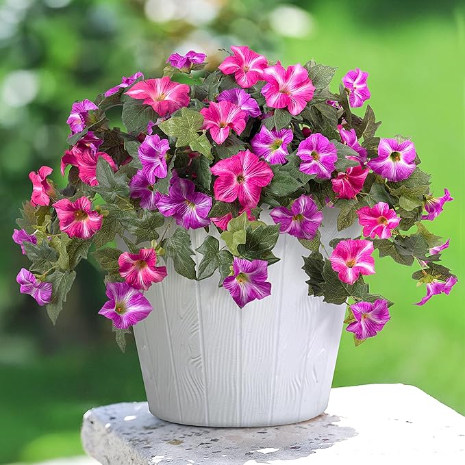 Artificial Fake Flowers Plants for Outdoor Decoration, 2PCS Faux Petunias Silk Flower UV Resistant No Fade Floral for Home Outside Garden Balcony Yard Porch Realistic Indoor Decor (Fuchsia Lotus)