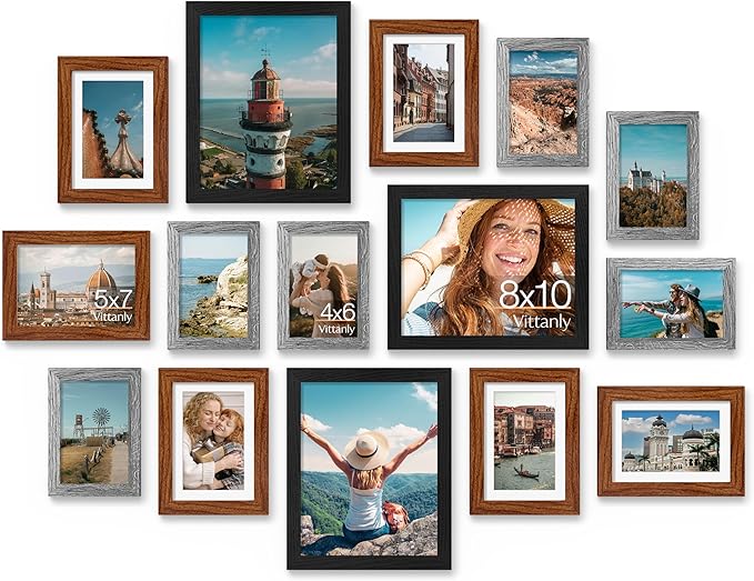 Vittanly 15 Pack Picture Frames Collage Wall Decor, Multi Sizes Including 3pcs 8x10, 6pcs 5x7 and 6pcs 4x6 Photo Frames, Gallery Frame Set for Wall or Tabletop Display, Black, Walnut Brown and Grey