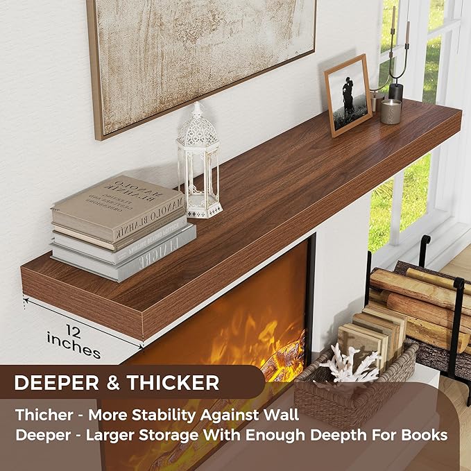 Venusmiles Floating Shelves for Wall, 48 Inch Wide x 12 Inch Deep Floating Shelves, Long Wood Floating Wall Shelf Shelves for Living Room Bathroom Bedroom Kitchen Home - (Walnut, 48" W x 12" D x 2" H)