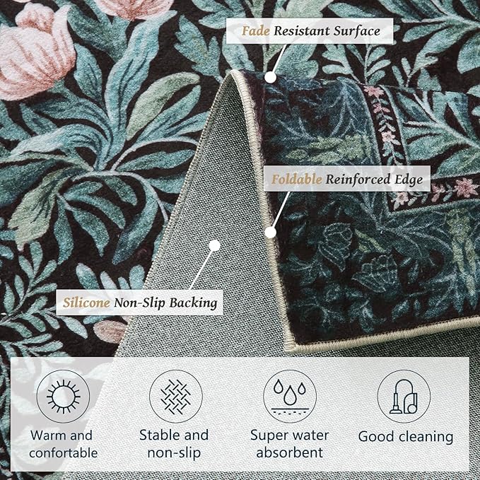 Washable Area Rugs 4x6 Black Green Vintage Floral Botanical Pattern,Perfect for Living Room, Bedroom, Kids Room, Nursery - Stain & Water Resistant Non-Slip, Pet & Child Friendly/Bedroom Decor