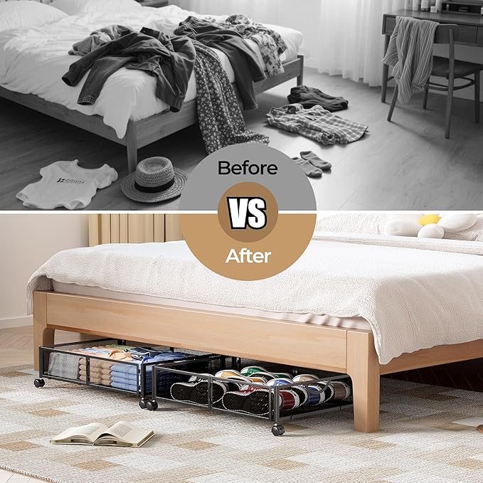 Yecaye Under Bed Storage with Wheels, 4 Pack Under Bed Shoe Storage Organizer Drawer, Tool-free Assembly Metal Underbed Storage Containers for Clothes, Shoes, Black
