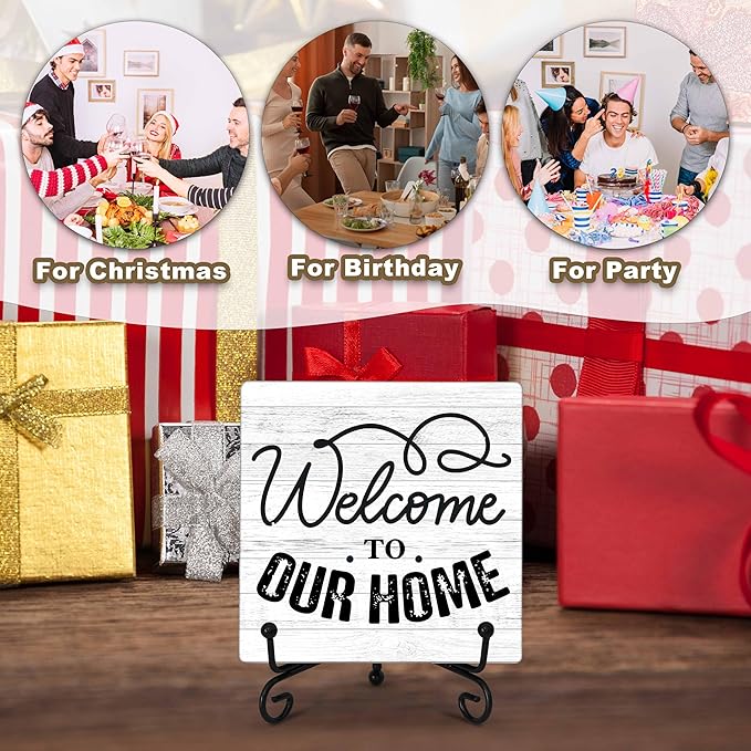 Welcome Home Sign, Welcome to Our Home Sign, Kitchen Decor and Accessories, Farmhouse Wooden Plaque with Iron Stand for Desk Shelf Decor-A16