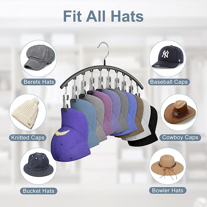 Hat Hangers for Closet, Metal Hats Organizer Racks for Base Ball Caps 2 Pack Door Hats Racks for Baseball Cap with 10 Large Clips, Baseball Hat Holder for Closet Storage, Fits All Cap-Black