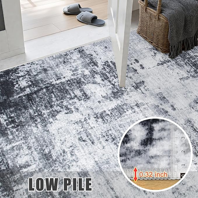 Washable Area Rug 2x3 Entryway Rug: Washable Modern Abstract Soft Thin Rug Indoor Floor No Slip Stain Resistant Carpet for Bedroom Dining Room Farmhouse Nursery Home Office - Dark Black