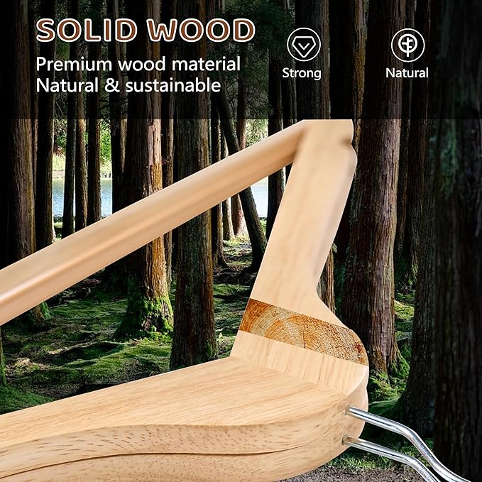 Wooden Hangers 30 Pack, Durable Wood Hangers with 360° Swivel Hook & Notches, Slim Coat Hanger Wooden for Closet, Smooth Wood Clothes Hanger with Pant Bar, Natural