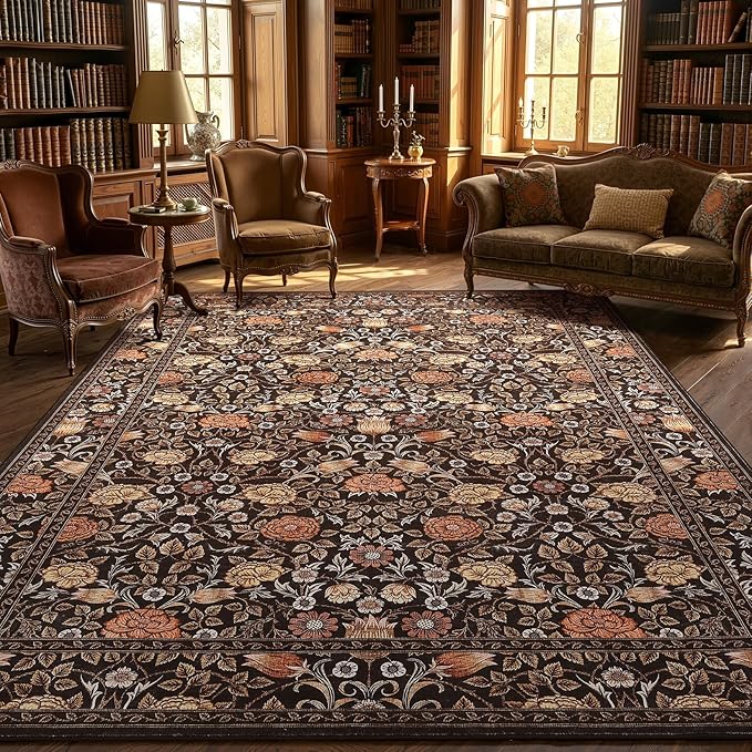 GarveeHome Brown Vintage Floral Washable 8x10 Area Rugs for Living Room Black Boho Botanical Retro Rug Low Pile Stain Resistance Non Slip Carpet for Bedroom Nursery Dining Room
