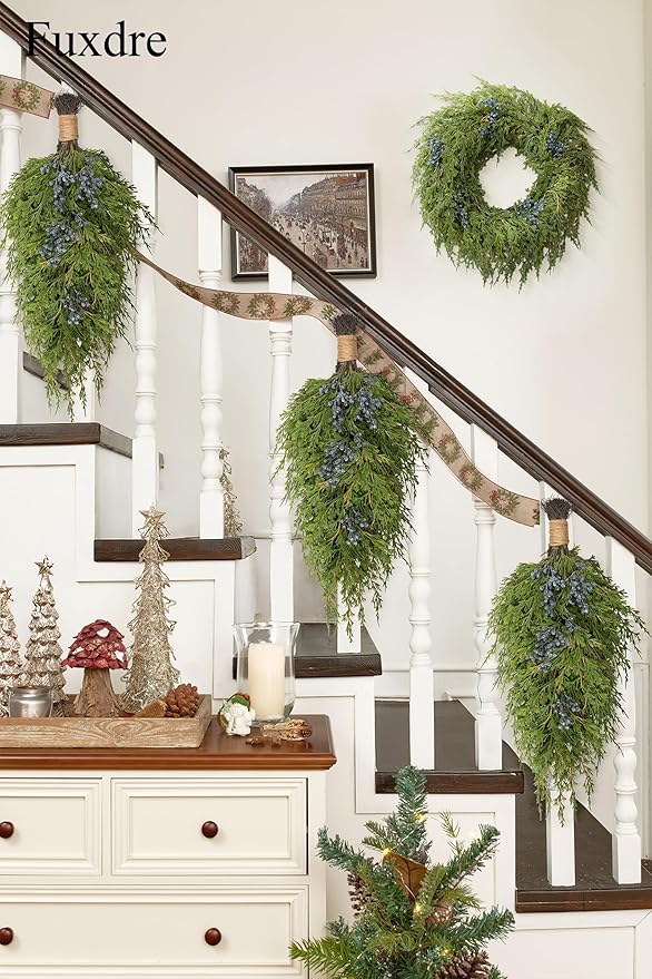 20" Christmas Artificial Juniper Swag Blueberries Teardrop Front Door Decoration Pine Cedar Real Touch Xmas Faux Evergreen Juniper Swag with Hanging Ring for Windows Wall Stair Outdoor Decor